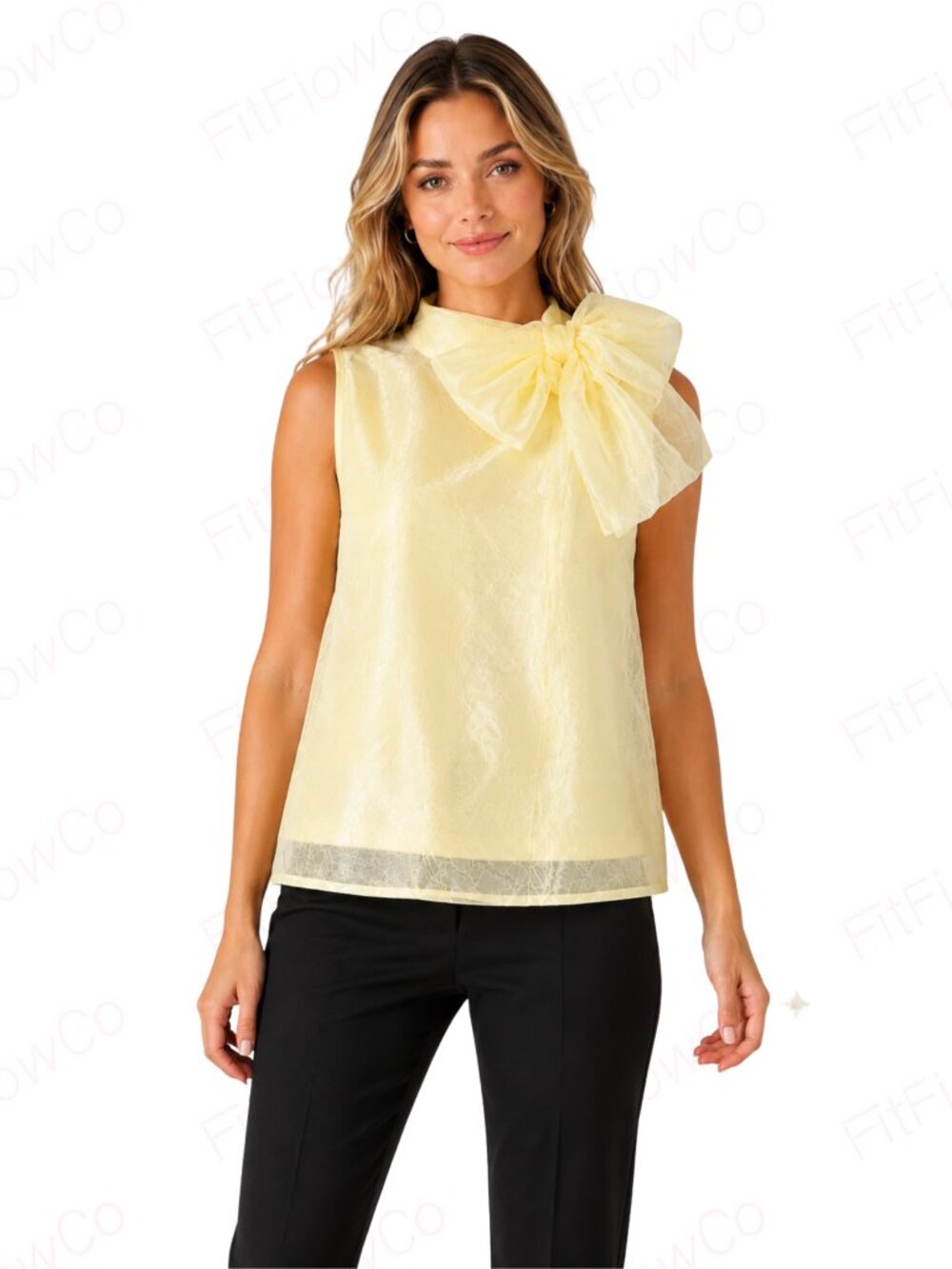 CeCe Yellow Organza Bow Neck Sleeveless Blouse XS NWT